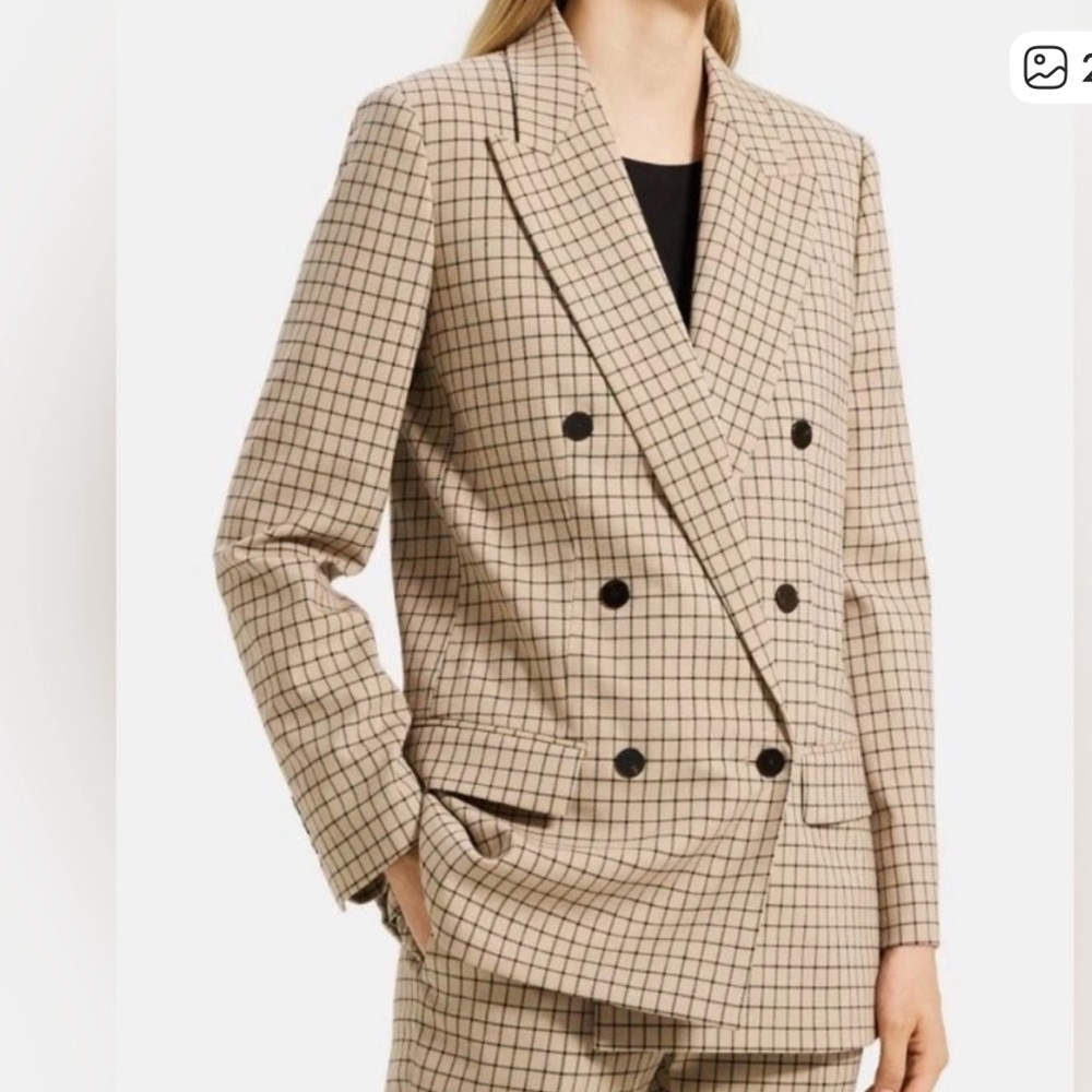 Theory Tan Wheat Grid Double Breasted Blazer Jacket 10